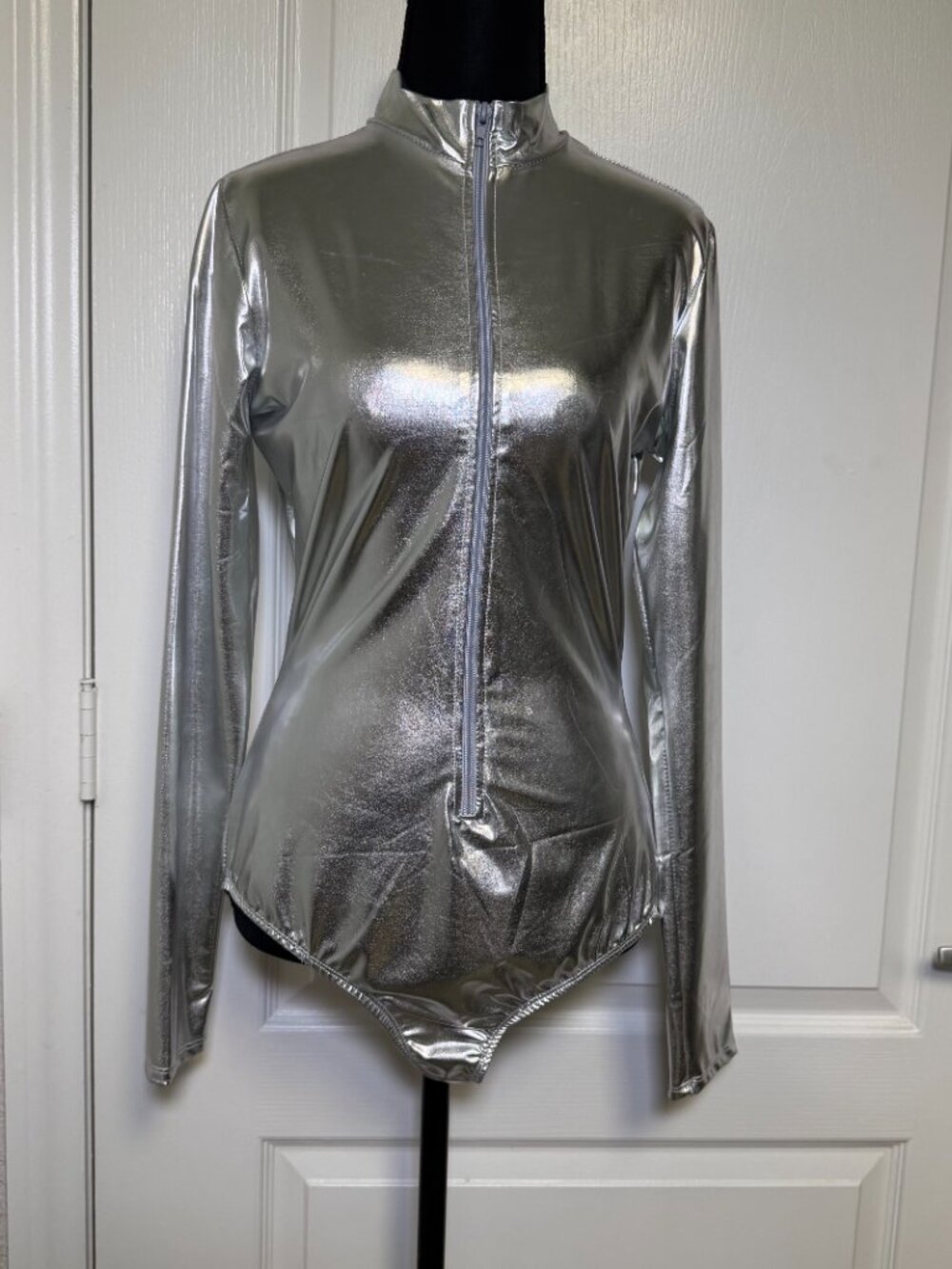 Forplay Silver Metallic Zip Front Long Sleeve Bodysuit Festival Rave M/L New